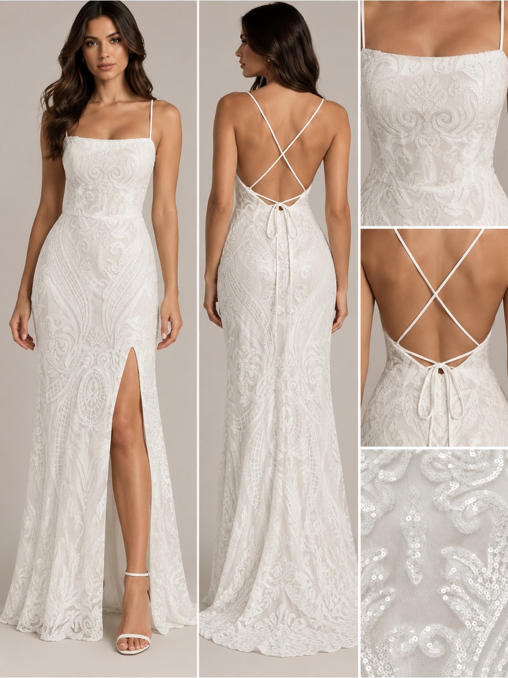 White Sequin Embroidered Open Back Corset Formal Maxi Dress